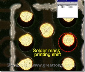 電路板BGA下面的防焊層印刷偏移，造成焊墊大小不一致。