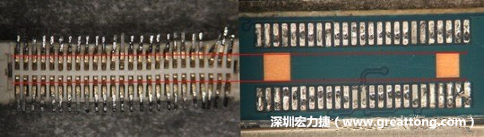 把板對(duì)板連接器與其電路板的佈線(xiàn)焊墊作一個(gè)比較，端子的切斷面有毛邊的地方剛好對(duì)到了裸銅區(qū)。