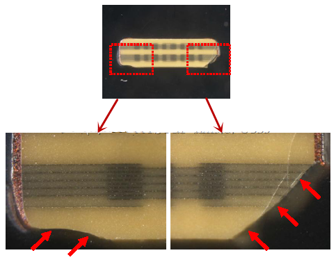 從破裂的現(xiàn)象與電容廠商切片的照片看來，破裂的痕跡從端接處以斜角裂開，電容零件的確像是機械外應力所造成的破裂。