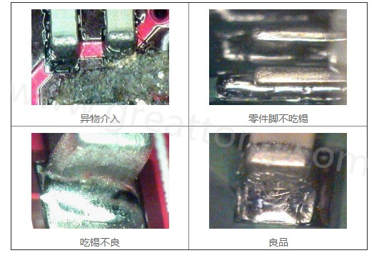 300X顯微鏡主要檢測這些PCBA加工問題：異物介入、零件腳不吃錫、 吃錫不良。