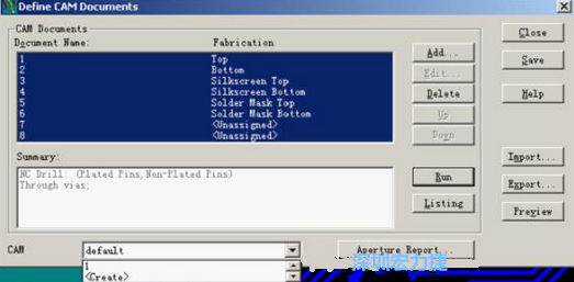 回到Dsfine CAM Documents窗口 ，將所有須輸出的文件用鼠標拉住選擇，按Run輸出，默認輸出路徑是安裝目錄的\CAM\default，也可按CAM的Create更改