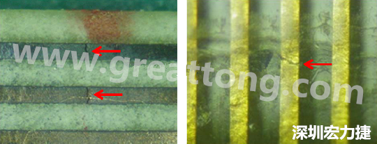 一旦找到確切的銅箔線(xiàn)路斷裂位置，如果還是無(wú)法觀察到斷裂的現(xiàn)象，就試著在顯微鏡下彎曲該位置的軟板，這樣就可以突顯并放大斷裂銅箔的開(kāi)口了。 