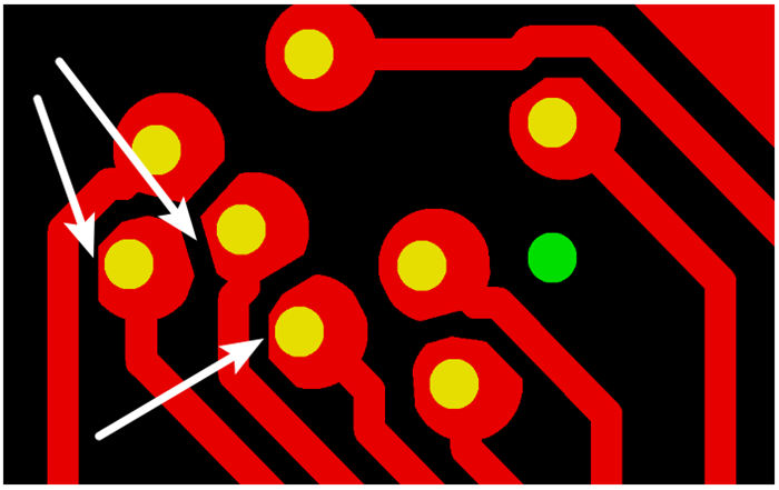 按源文件文件數(shù)據(jù)計(jì)算，孔邊緣到線邊緣6mil，孔環(huán)4mil，環(huán)到線只有2mil，保證環(huán)到線之間有3mil的安全間距需削1mil焊環(huán)，削后焊盤只有3mil